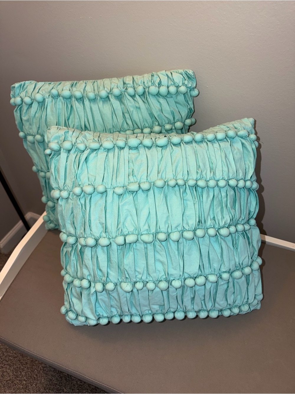Set of 2 Pottery Barn Teen Aqua/Light Blue PomPom Decorative Throw Pillows